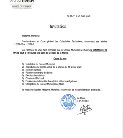 Le conseil municipal d’installation de la nouvelle municipalité aura lieu le dimanche 29 mars 2026 à 18 heures à la  salle du conseil de la Mairie