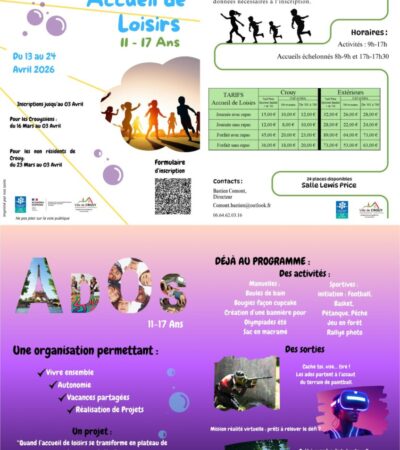 Accueil loisirs des 11 17 ans ADOS du 13 au 24 avril 2026 Inscriptions jusqu’au 3 avril 2026.
